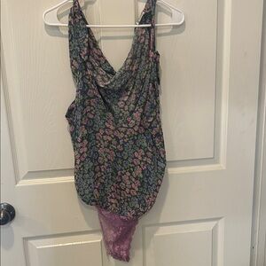 Free people Floral Lace-Trim Cowl Neck Bodysuit - Purple/Green